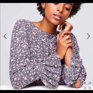 Loft | Boat Neck Floral Blouse with Pleated Flounce Sleeves - Size Medium